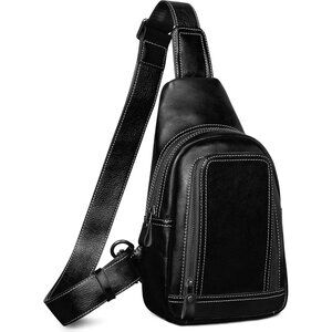 Genuine Leather Unisex Crossbody Sling Bag with Multiple Pockets Black